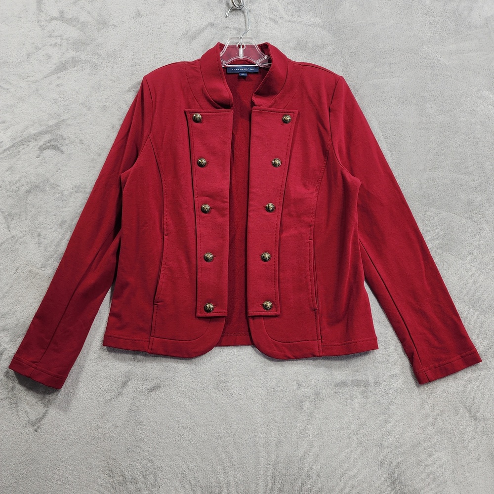 Tommy Hilfiger Jacket Womens L Red Knit Military Open Front Gold Button Stretch